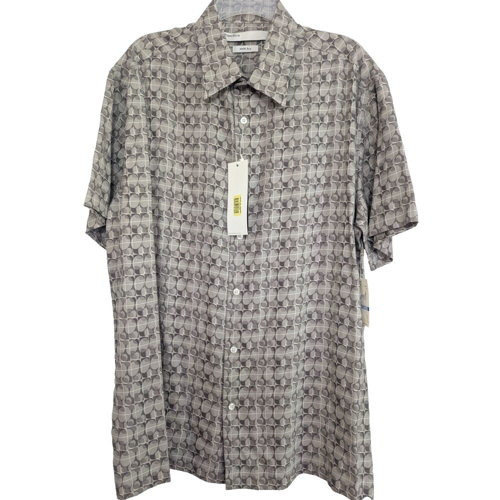 NWT VTG Perry Ellis Men's 100% Silk SS Shirt XL Beige Tan Geometric Mosaic 90s